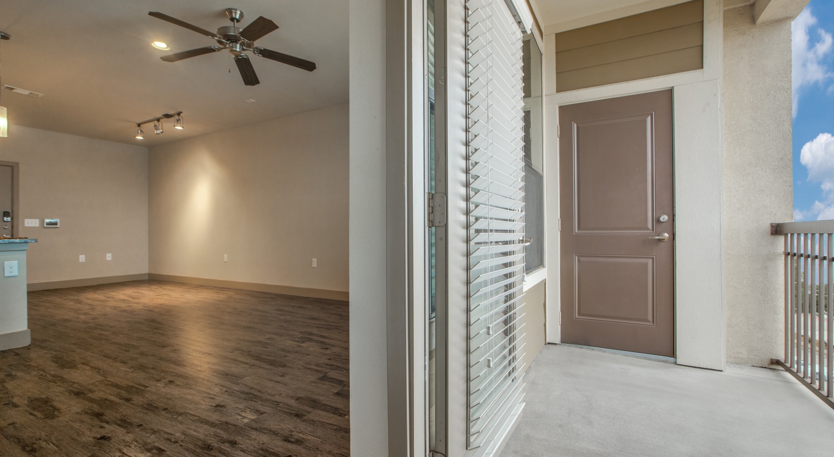 two pictures of an apartment with a ceiling fan at The  Carson @ Twin Creeks