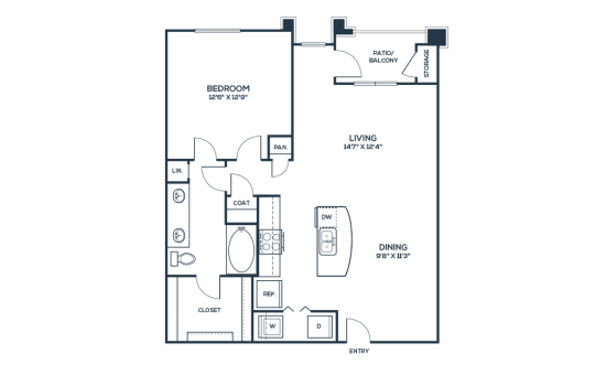 The Carson @ Twin Creeks Floor Plan A3 1 Bed 1 Bath 826 sqft